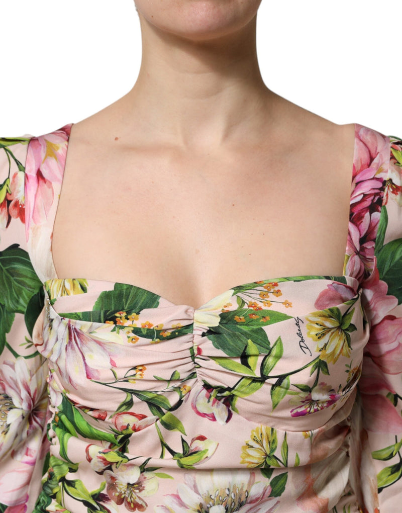 Pink Floral Silk Fit And Flared Midi Dress Dolce & Gabbana