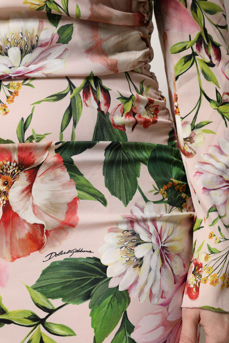 Pink Floral Silk Fit And Flared Midi Dress Dolce & Gabbana