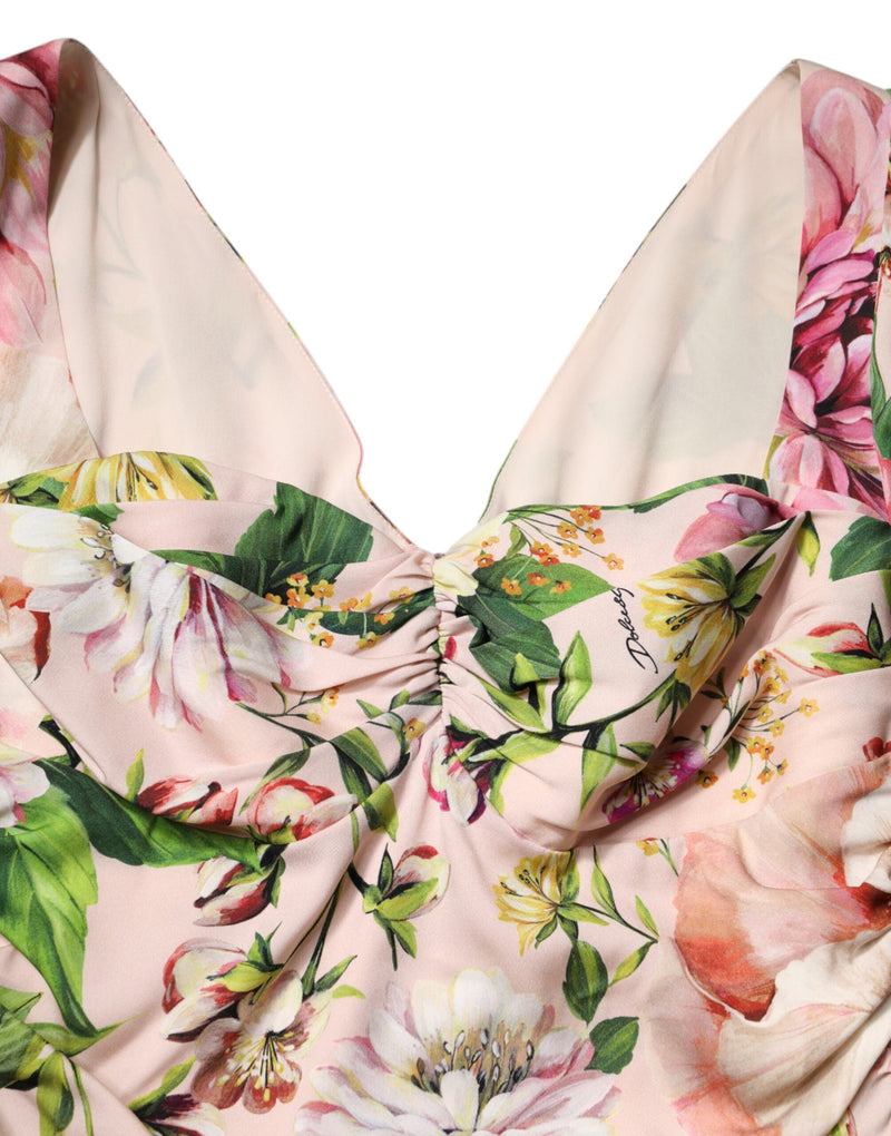 Pink Floral Silk Fit And Flared Midi Dress Dolce & Gabbana