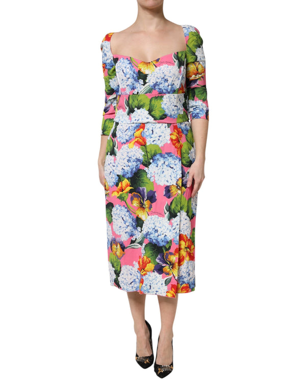 Multicolor Floral Pleated Sheath Midi  Dress Dolce & Gabbana