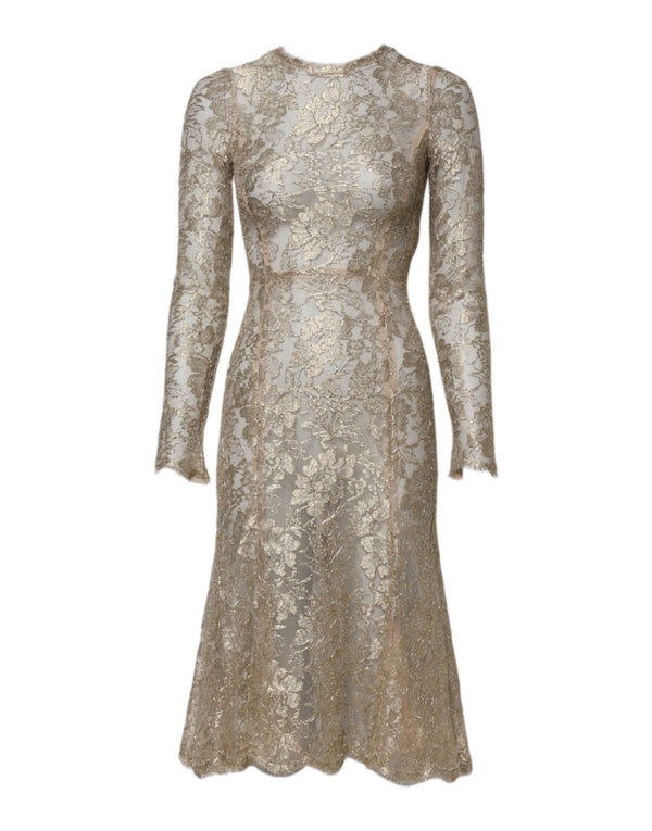 Gold Floral Lace Long Sleeves Fit & Flare Dress Dolce & Gabbana