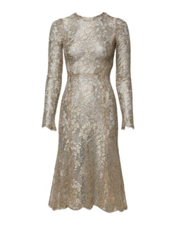 Gold Floral Lace Long Sleeves Fit & Flare Dress Dolce & Gabbana