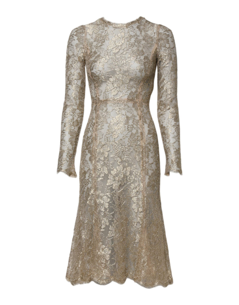 Gold Floral Lace Long Sleeves Fit & Flare Dress Dolce & Gabbana