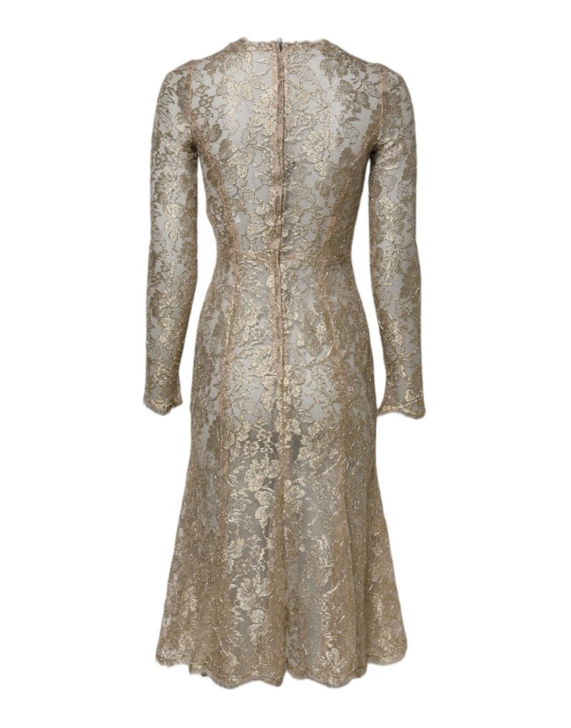 Gold Floral Lace Long Sleeves Fit & Flare Dress Dolce & Gabbana