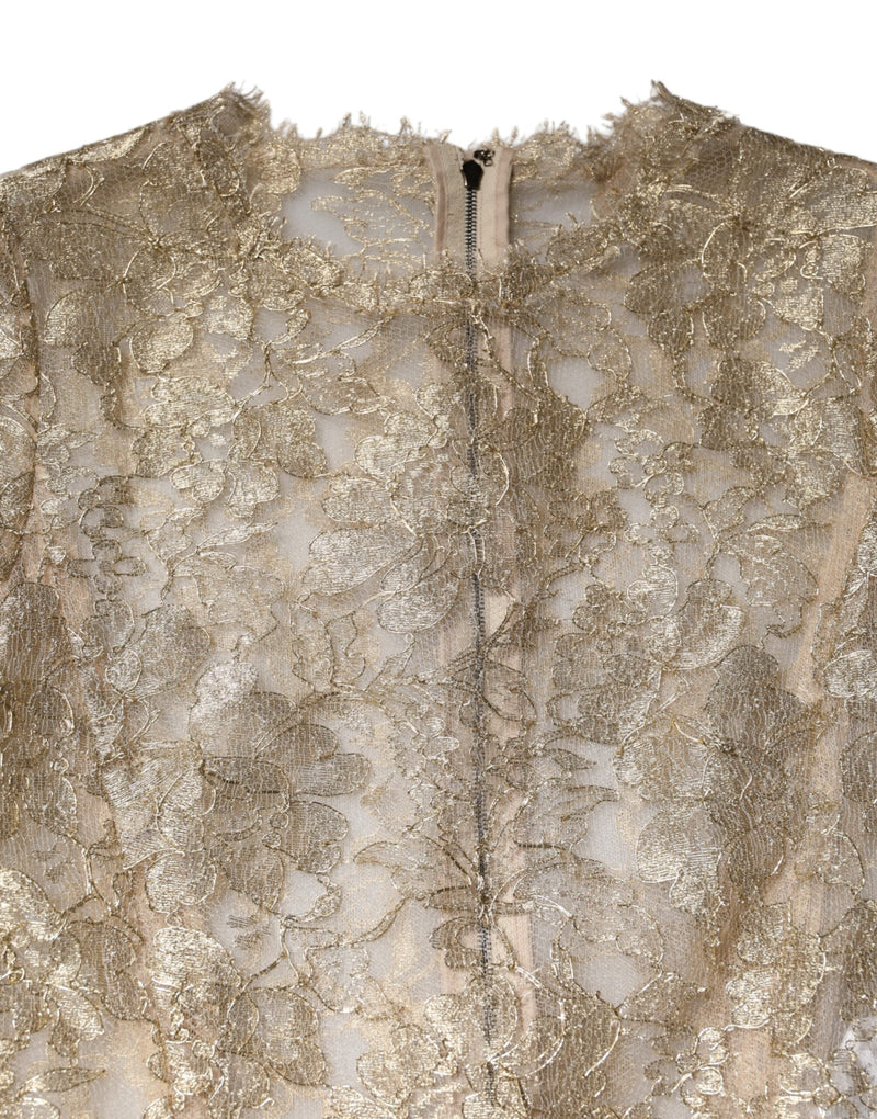 Gold Floral Lace Long Sleeves Fit & Flare Dress Dolce & Gabbana