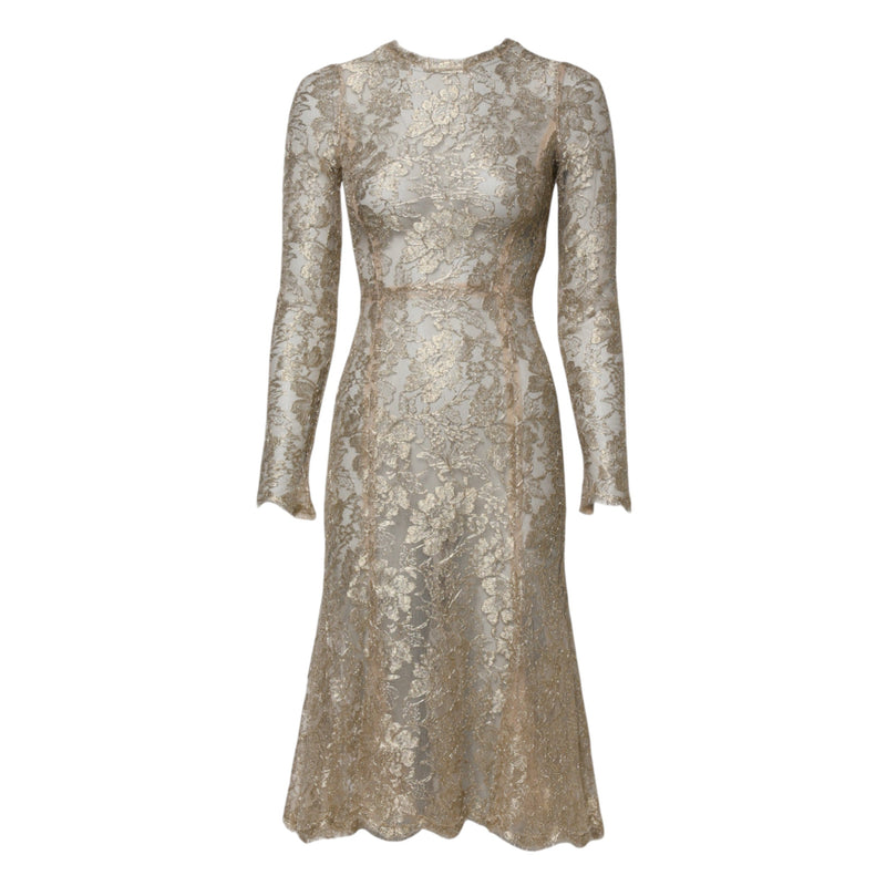 Gold Floral Lace Long Sleeves Fit & Flare Dress Dolce & Gabbana