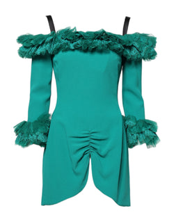 Green Lace Off Shoulder Sheath Mini Dress Dolce & Gabbana