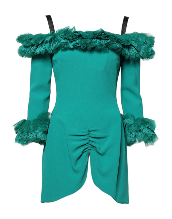 Green Lace Off Shoulder Sheath Mini Dress Dolce & Gabbana