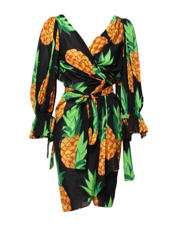 Black Pineapple Print Silk Wrap Mini Dress Dolce & Gabbana