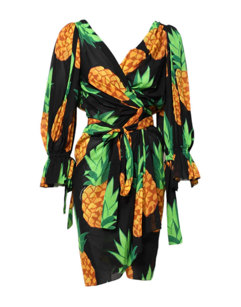 Black Pineapple Print Silk Wrap Mini Dress Dolce & Gabbana