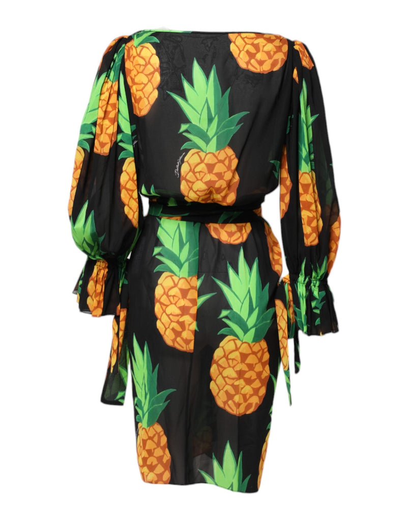 Black Pineapple Print Silk Wrap Mini Dress Dolce & Gabbana