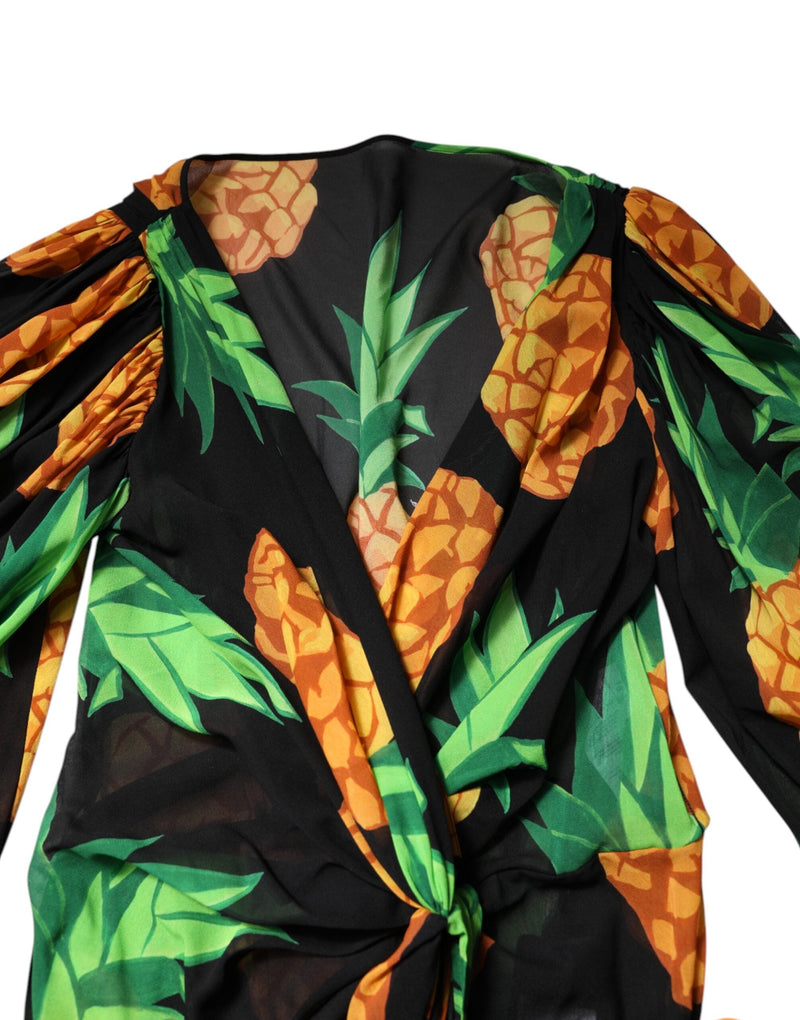 Black Pineapple Print Silk Wrap Mini Dress Dolce & Gabbana