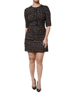 Brown Tweed Short Sleeves A-line Mini Dress Dolce & Gabbana