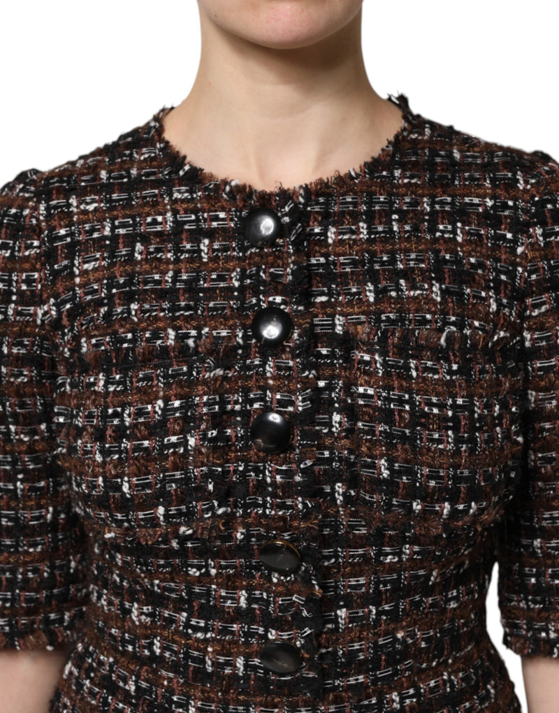 Brown Tweed Short Sleeves A-line Mini Dress Dolce & Gabbana