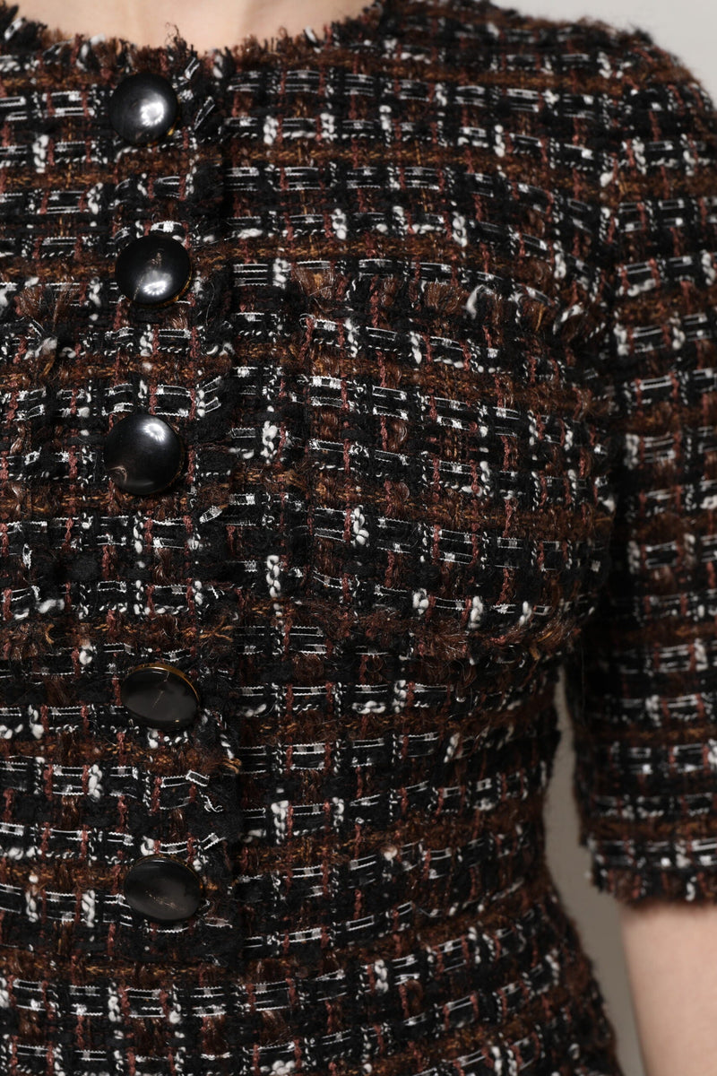 Brown Tweed Short Sleeves A-line Mini Dress Dolce & Gabbana