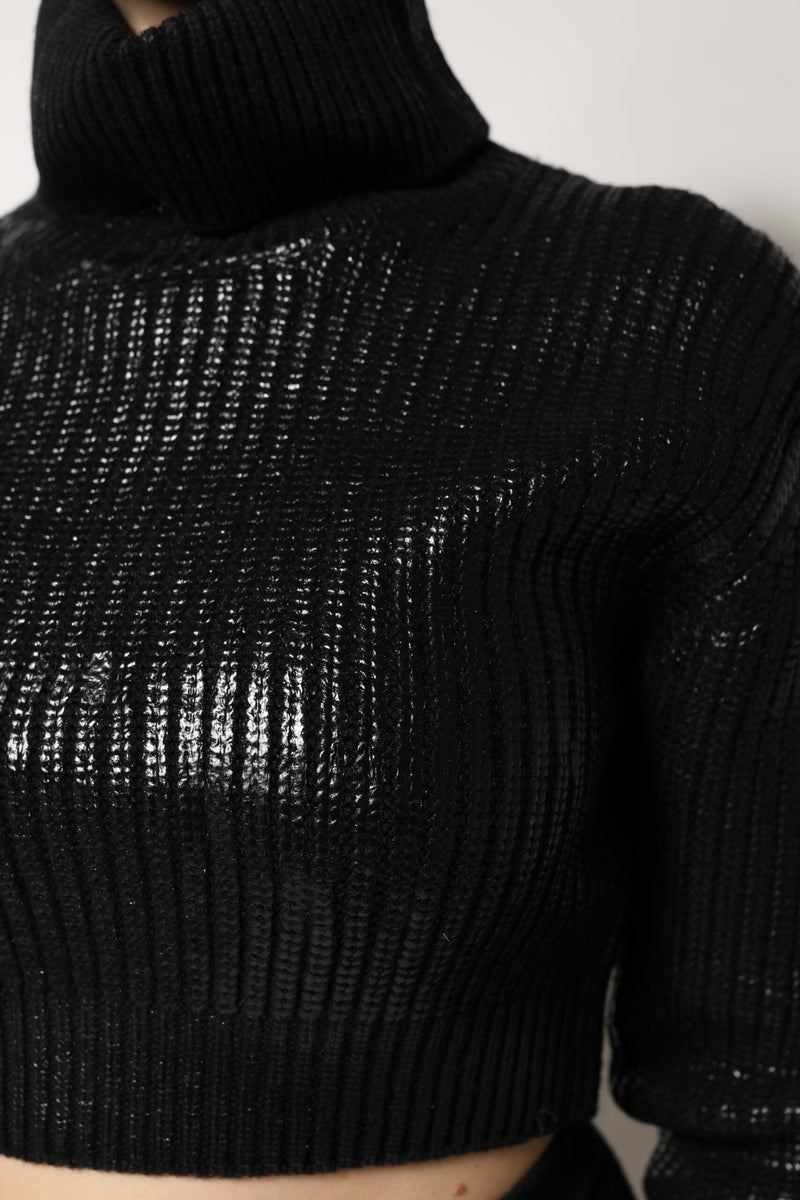 Black Wool Long Sleeve Turtleneck Cropped Top Dolce & Gabbana