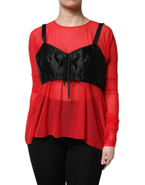 Red Black Bustier Detailing Long Sleeves Top Dolce & Gabbana