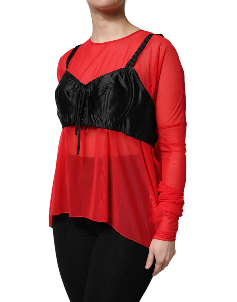Red Black Bustier Detailing Long Sleeves Top Dolce & Gabbana
