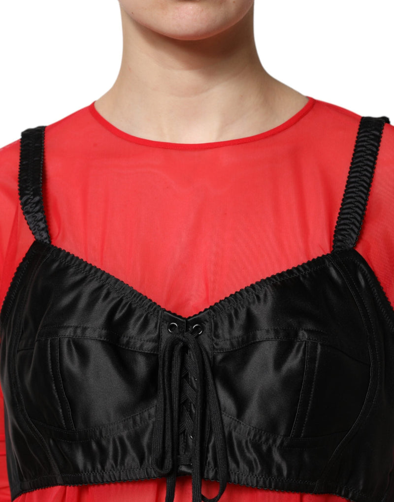 Red Black Bustier Detailing Long Sleeves Top Dolce & Gabbana