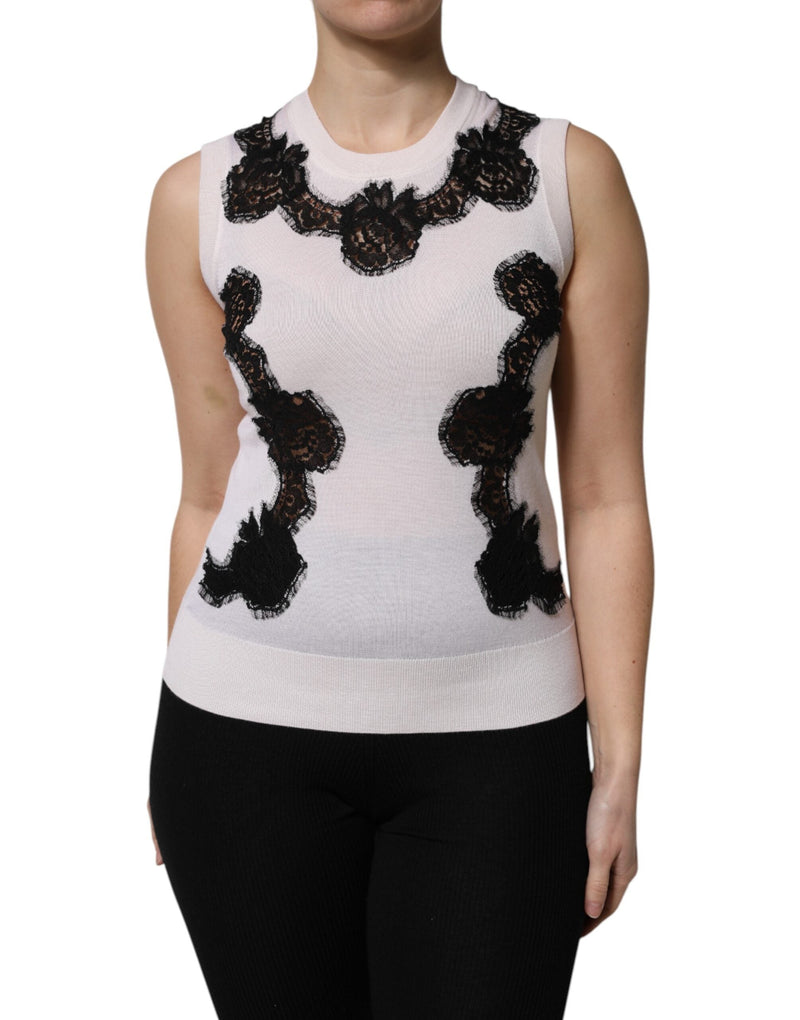 White Cashmere Floral Lace Detailing Tank Top Dolce & Gabbana