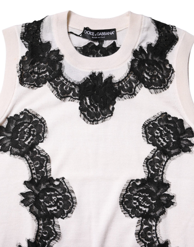 White Cashmere Floral Lace Detailing Tank Top Dolce & Gabbana