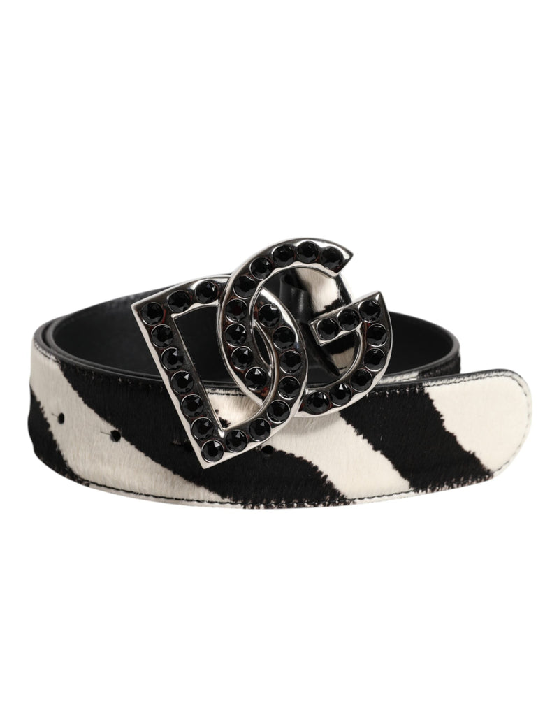 White Black Leather Zebra DG Crystal Buckle Belt Dolce & Gabbana