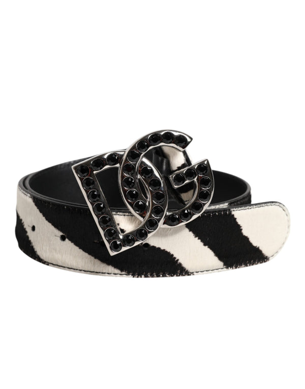 White Black Leather Zebra DG Crystal Buckle Belt Dolce & Gabbana