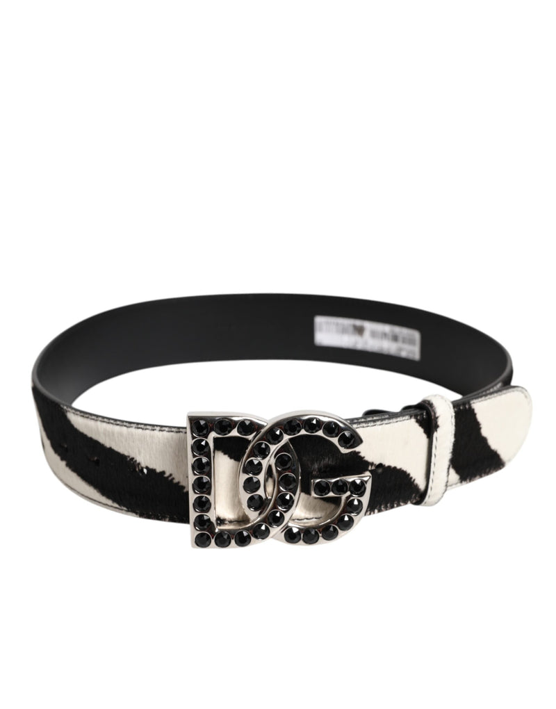 White Black Leather Zebra DG Crystal Buckle Belt Dolce & Gabbana