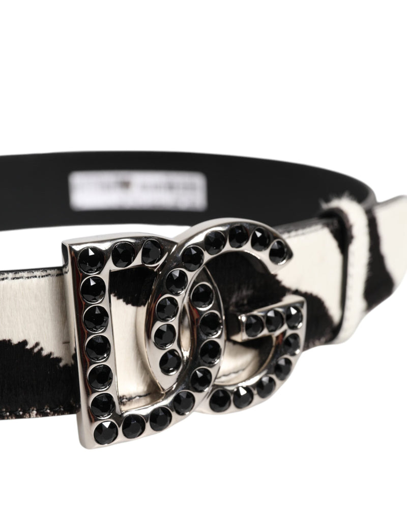 White Black Leather Zebra DG Crystal Buckle Belt Dolce & Gabbana