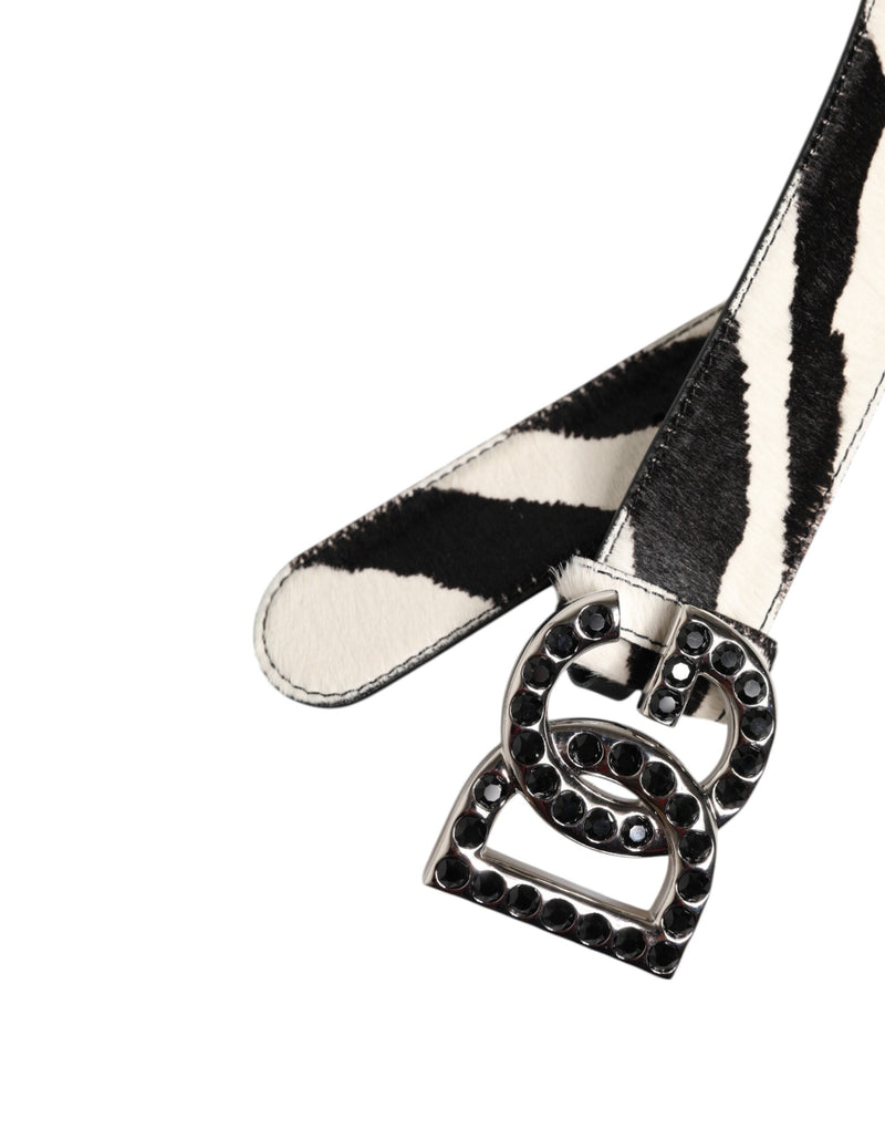 White Black Leather Zebra DG Crystal Buckle Belt Dolce & Gabbana