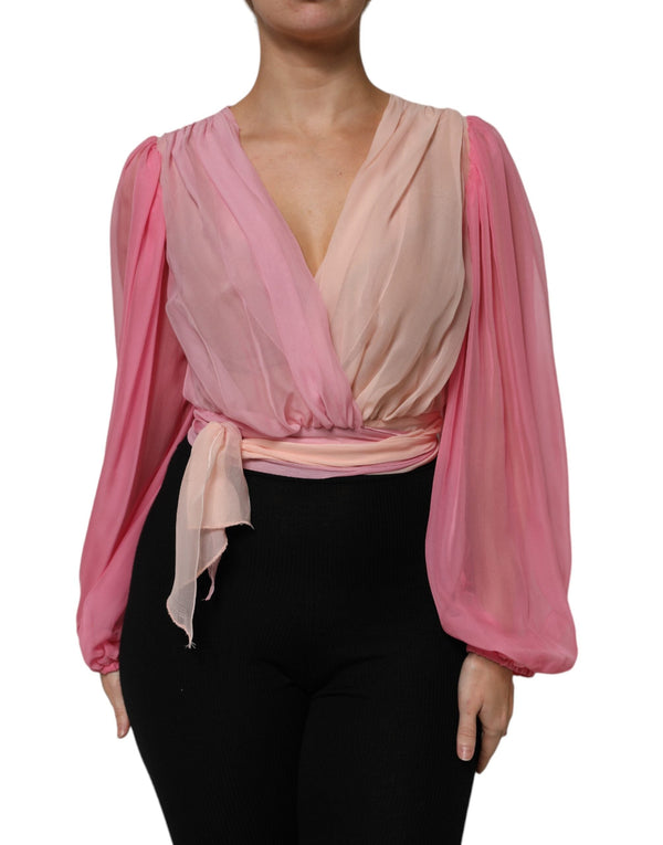 Pink Plunging V-neck Long Sleeves Blouse Top Dolce & Gabbana