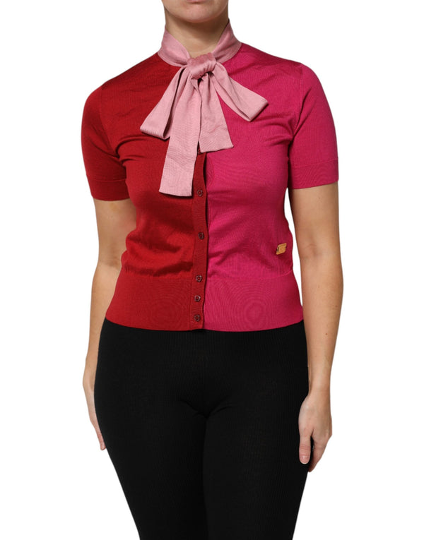 Pink Short Sleeves Buttoned Ascot Collar Top Dolce & Gabbana