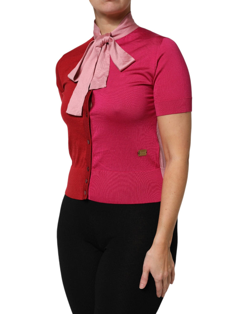 Pink Short Sleeves Buttoned Ascot Collar Top Dolce & Gabbana