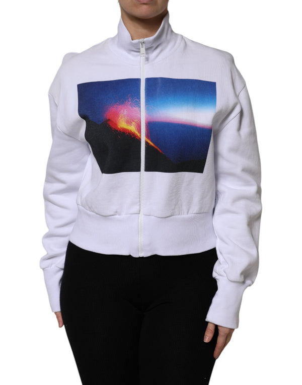 White Graphic Print Cotton Long Sleeves Full Zip Bomber Jacket MSGM