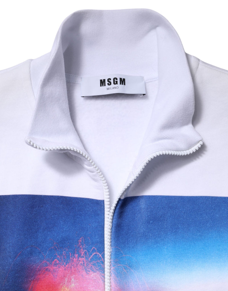 White Graphic Print Cotton Long Sleeves Full Zip Bomber Jacket MSGM