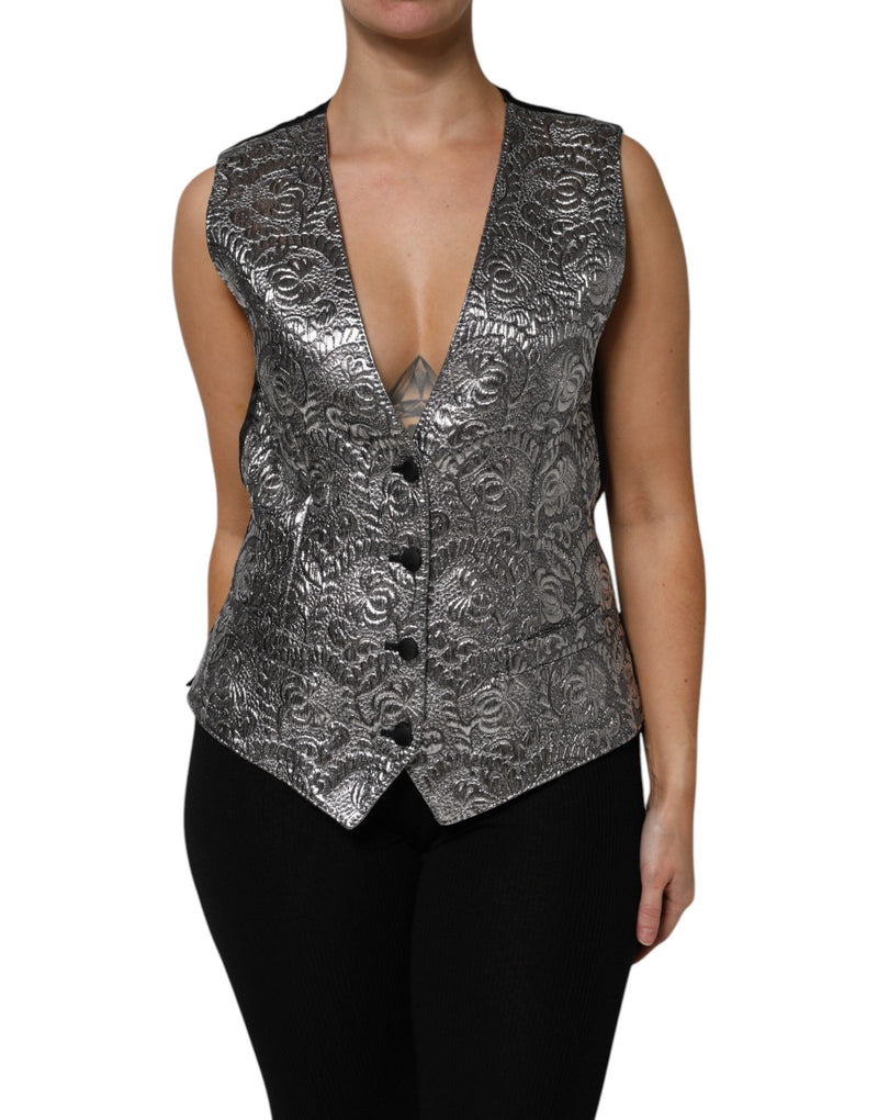 Silver Floral Jacquard Sleeveless Vest Top Dolce & Gabbana