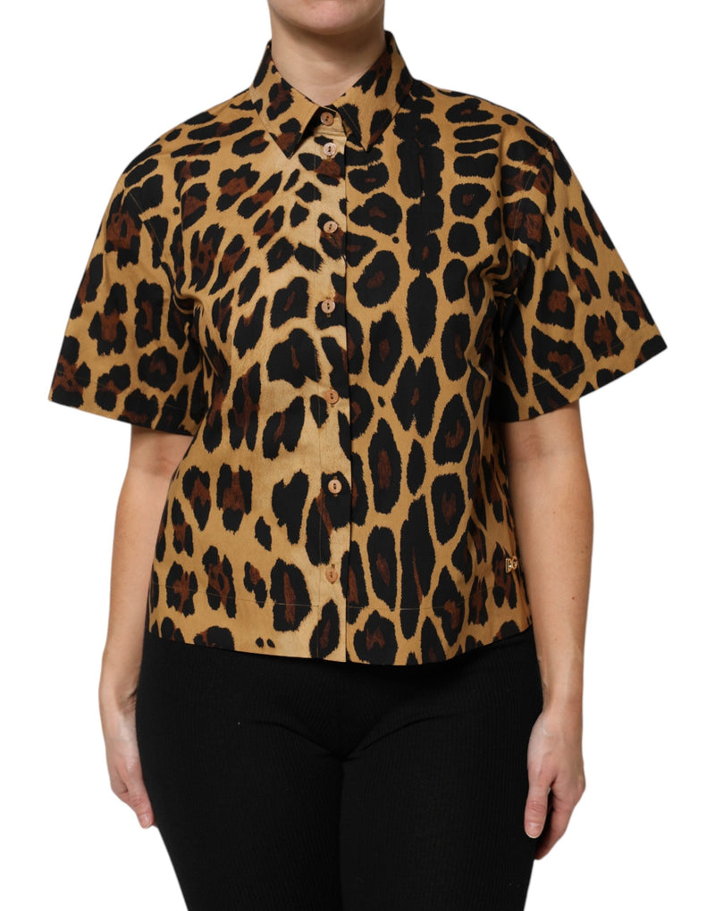 Brown Leopard Short Sleeve Collared Polo Top Dolce & Gabbana