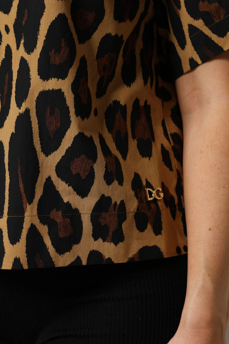 Brown Leopard Short Sleeve Collared Polo Top Dolce & Gabbana