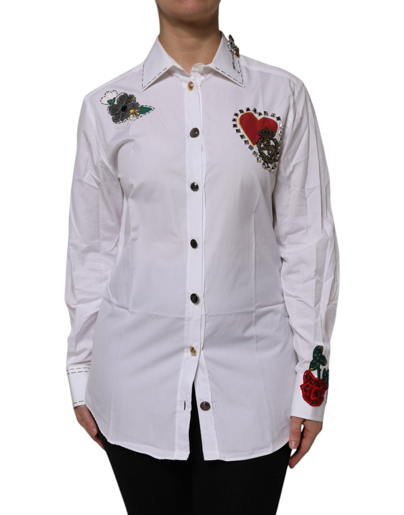 White Cotton Floral Embellished Shirt Top Dolce & Gabbana