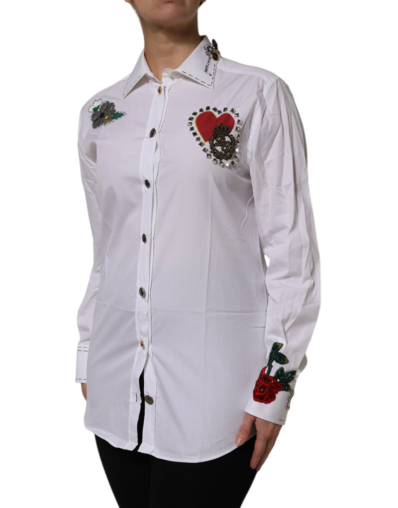 White Cotton Floral Embellished Shirt Top Dolce & Gabbana