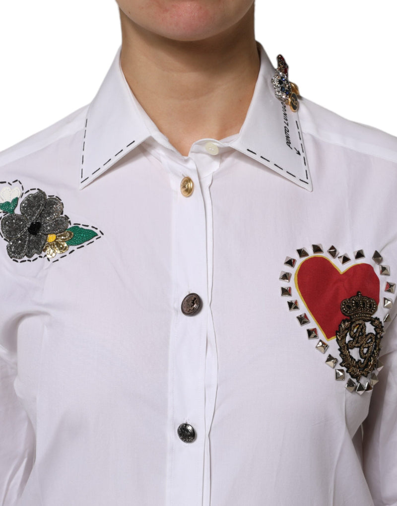 White Cotton Floral Embellished Shirt Top Dolce & Gabbana