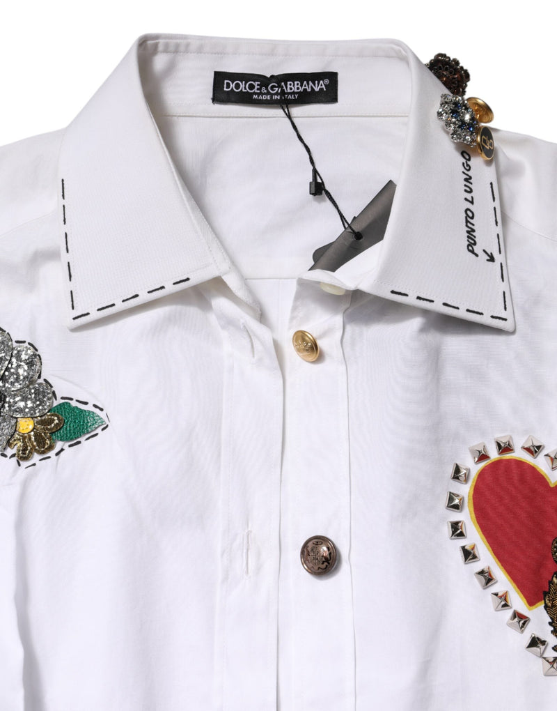 White Cotton Floral Embellished Shirt Top Dolce & Gabbana
