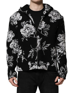 Black Wool Floral Printed Men Hooded Jacket Dolce & Gabbana