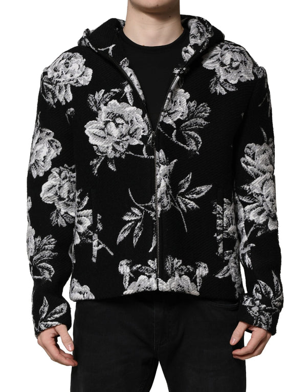 Black Wool Floral Printed Men Hooded Jacket Dolce & Gabbana