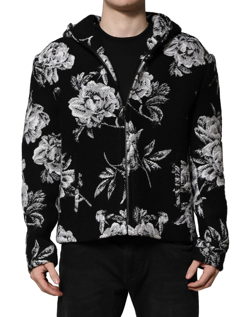 Black Wool Floral Printed Men Hooded Jacket Dolce & Gabbana
