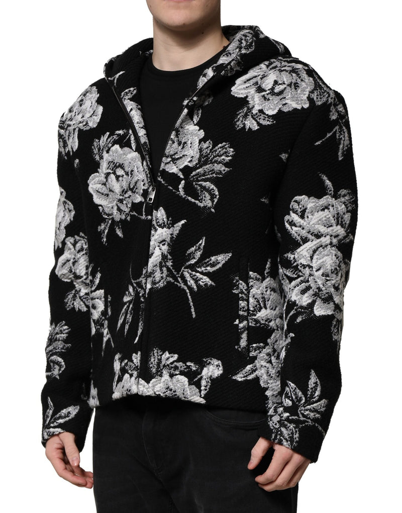 Black Wool Floral Printed Men Hooded Jacket Dolce & Gabbana