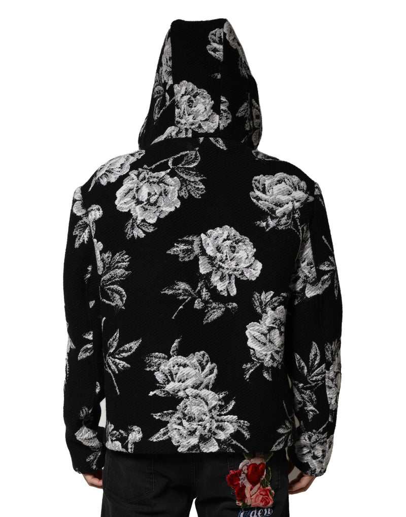 Black Wool Floral Printed Men Hooded Jacket Dolce & Gabbana