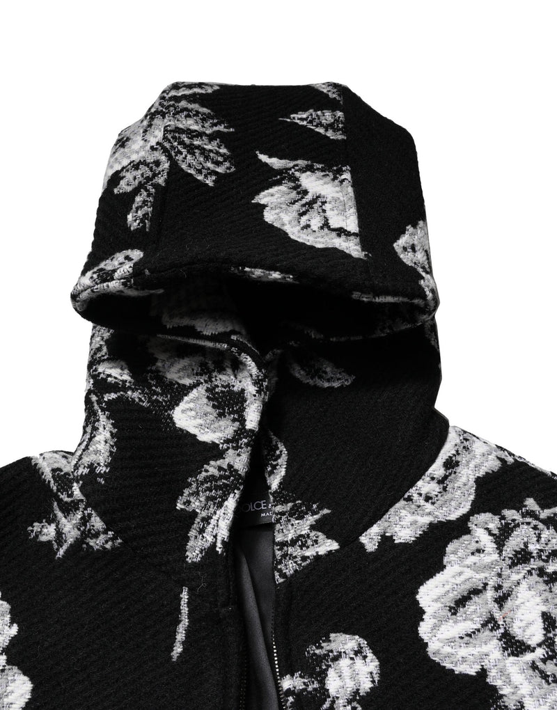 Black Wool Floral Printed Men Hooded Jacket Dolce & Gabbana