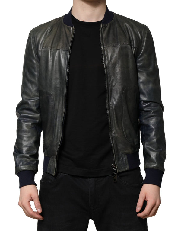Black Lambskin Leather Biker Full Zip Jacket Dolce & Gabbana