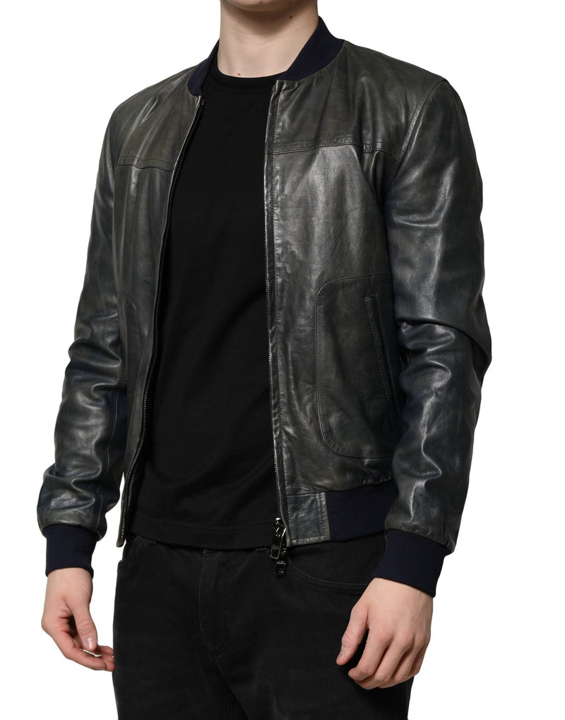 Black Lambskin Leather Biker Full Zip Jacket Dolce & Gabbana